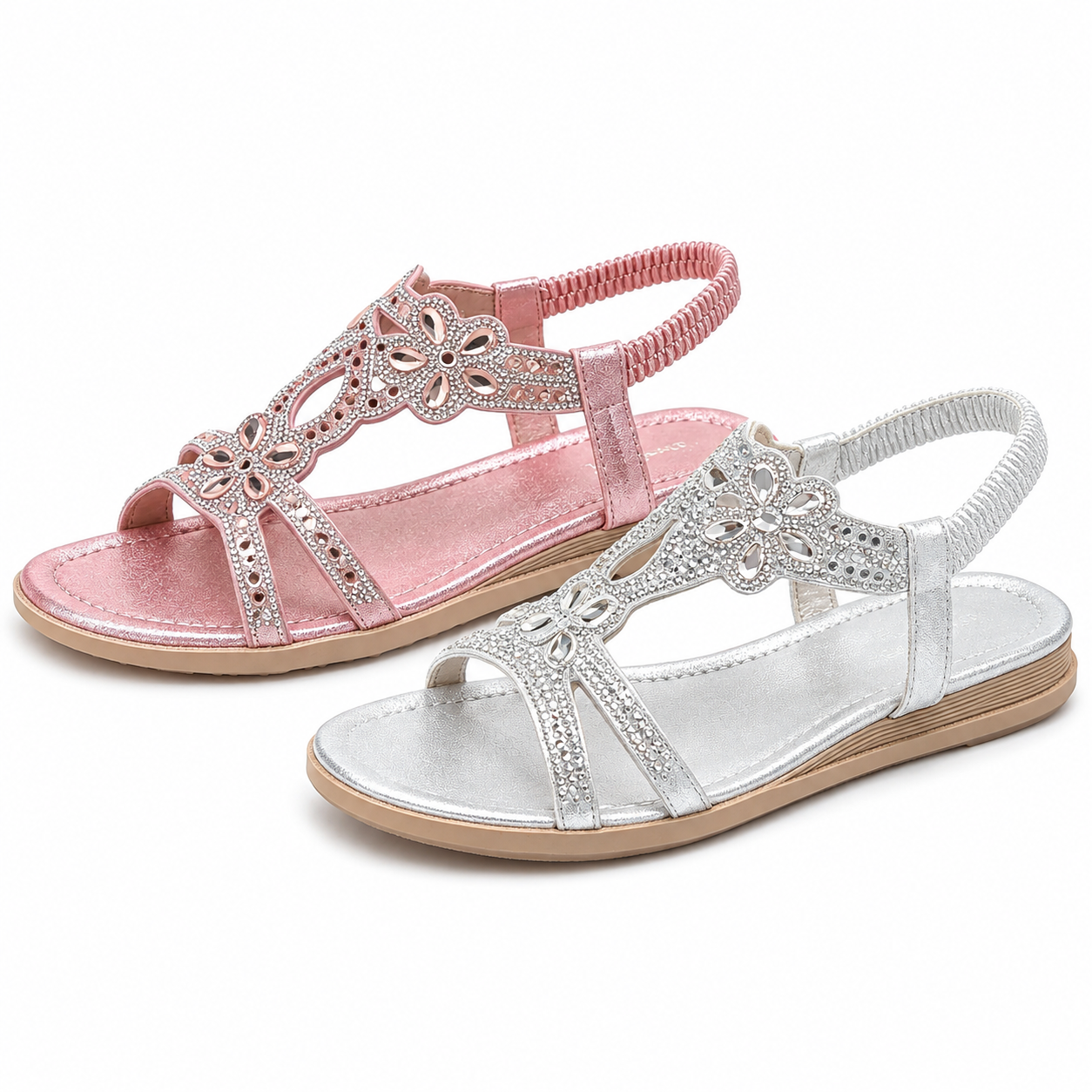 ✨Women's Rhinestone Flower Flat Sandals, Elastic Back Strap Bohemian Summer Sandals Multi-Color Sparkly Open-Toe Shoes