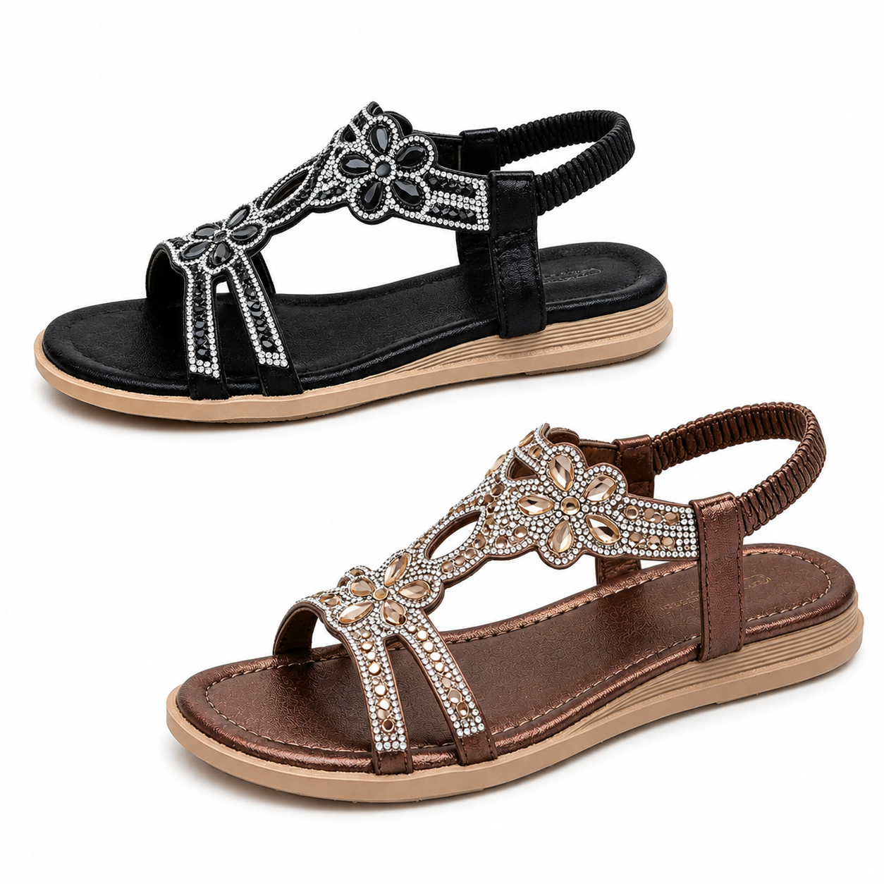 ✨Women's Rhinestone Flower Flat Sandals, Elastic Back Strap Bohemian Summer Sandals Multi-Color Sparkly Open-Toe Shoes