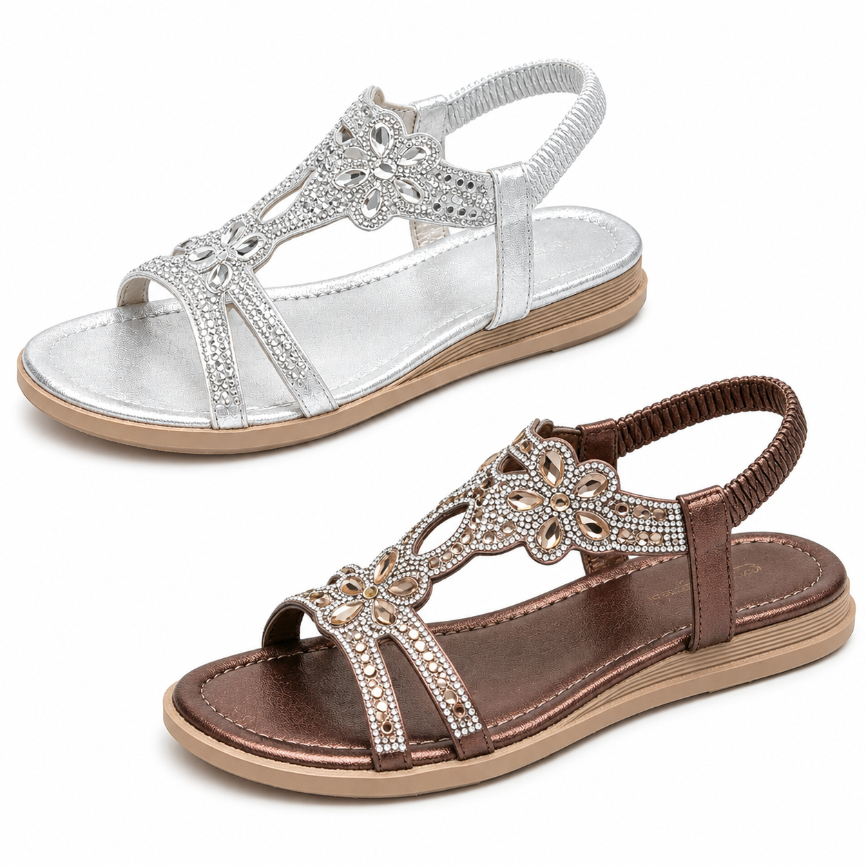 ✨Women's Rhinestone Flower Flat Sandals, Elastic Back Strap Bohemian Summer Sandals Multi-Color Sparkly Open-Toe Shoes
