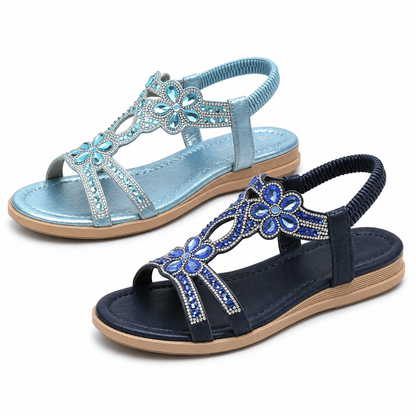 ✨Women's Rhinestone Flower Flat Sandals, Elastic Back Strap Bohemian Summer Sandals Multi-Color Sparkly Open-Toe Shoes