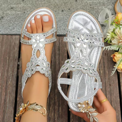 ✨Women's Rhinestone Flower Flat Sandals, Elastic Back Strap Bohemian Summer Sandals Multi-Color Sparkly Open-Toe Shoes
