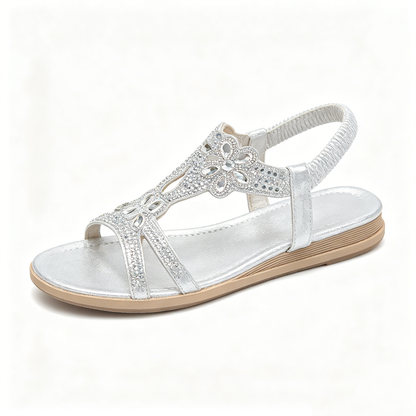 ✨Women's Rhinestone Flower Flat Sandals, Elastic Back Strap Bohemian Summer Sandals Multi-Color Sparkly Open-Toe Shoes