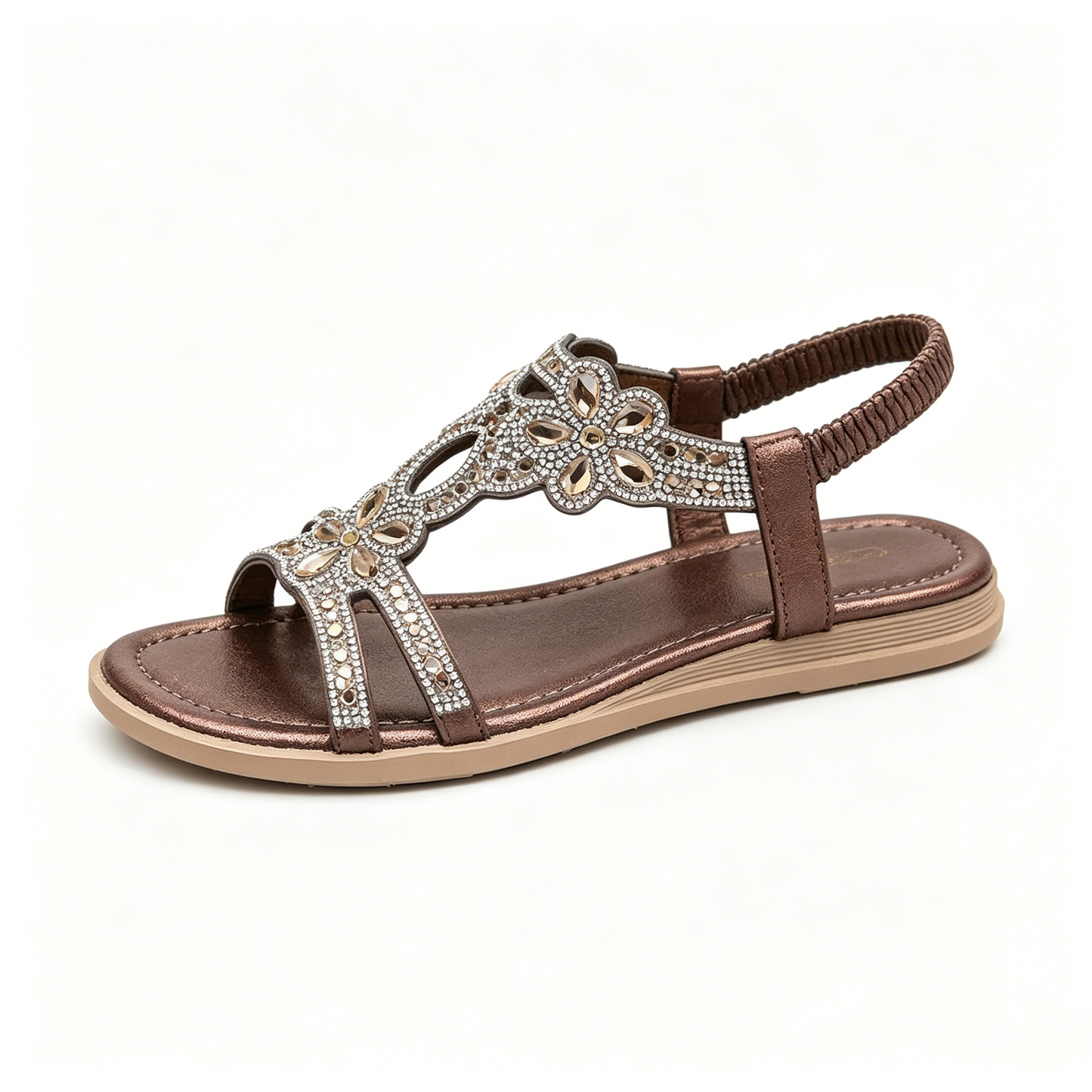 ✨Women's Rhinestone Flower Flat Sandals, Elastic Back Strap Bohemian Summer Sandals Multi-Color Sparkly Open-Toe Shoes
