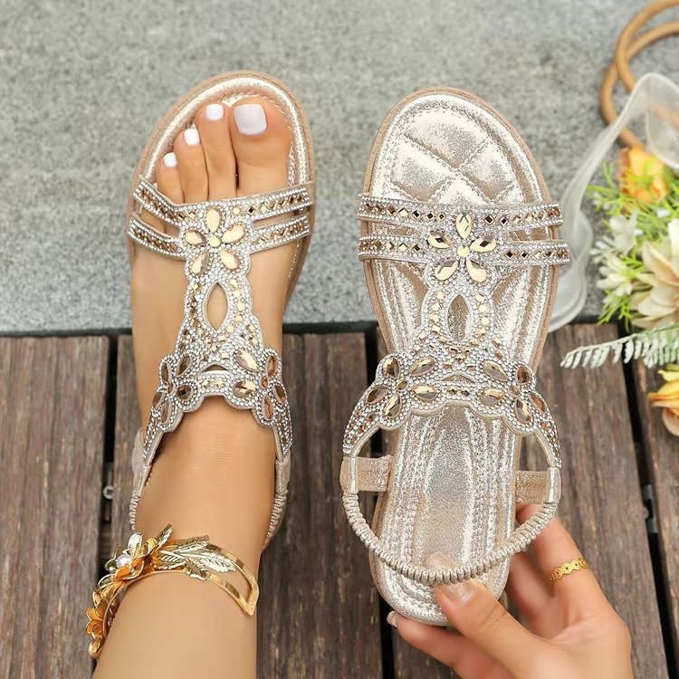 ✨Women's Rhinestone Flower Flat Sandals, Elastic Back Strap Bohemian Summer Sandals Multi-Color Sparkly Open-Toe Shoes