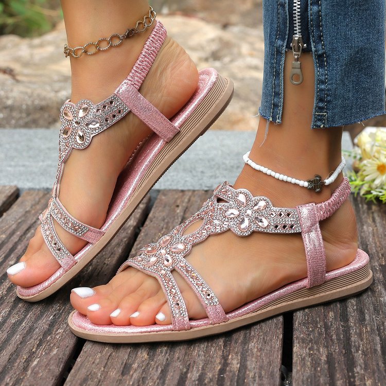 ✨Women's Rhinestone Flower Flat Sandals, Elastic Back Strap Bohemian Summer Sandals Multi-Color Sparkly Open-Toe Shoes