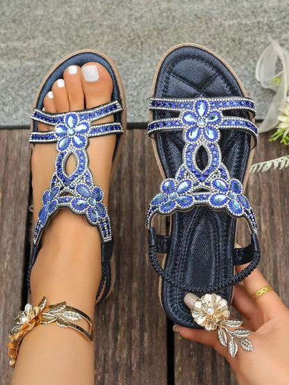 ✨Women's Rhinestone Flower Flat Sandals, Elastic Back Strap Bohemian Summer Sandals Multi-Color Sparkly Open-Toe Shoes