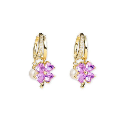 ✅ Trusted Choice丨Germanium Earrings Lymphatic Magnetotherapy for Weight Loss Purple Crystal Four-Leaf Flower Pearl New Light Luxury Ear Accessor