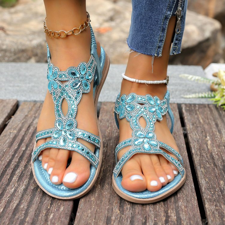 ✨Women's Rhinestone Flower Flat Sandals, Elastic Back Strap Bohemian Summer Sandals Multi-Color Sparkly Open-Toe Shoes