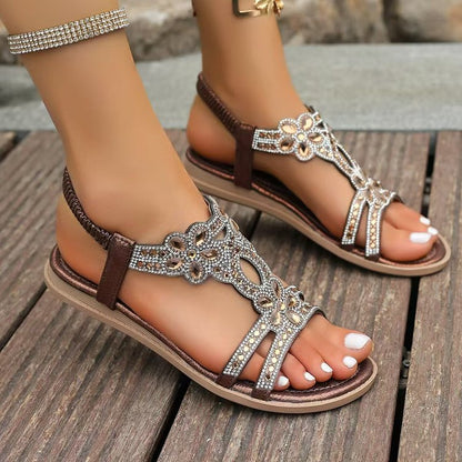 ✨Women's Rhinestone Flower Flat Sandals, Elastic Back Strap Bohemian Summer Sandals Multi-Color Sparkly Open-Toe Shoes