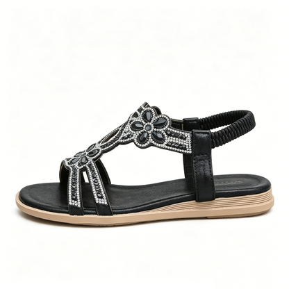 ✨Women's Rhinestone Flower Flat Sandals, Elastic Back Strap Bohemian Summer Sandals Multi-Color Sparkly Open-Toe Shoes