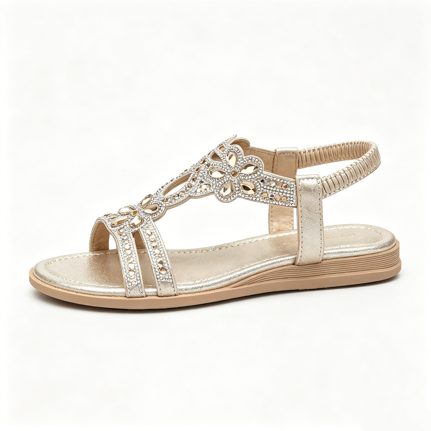 ✨Women's Rhinestone Flower Flat Sandals, Elastic Back Strap Bohemian Summer Sandals Multi-Color Sparkly Open-Toe Shoes