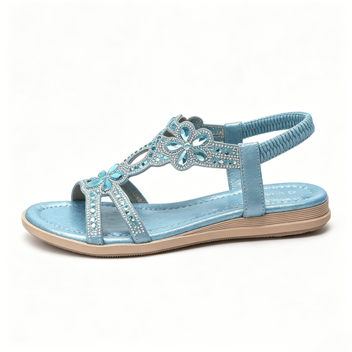 ✨Women's Rhinestone Flower Flat Sandals, Elastic Back Strap Bohemian Summer Sandals Multi-Color Sparkly Open-Toe Shoes