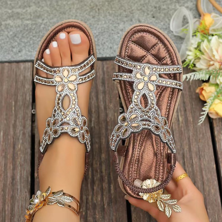 ✨Women's Rhinestone Flower Flat Sandals, Elastic Back Strap Bohemian Summer Sandals Multi-Color Sparkly Open-Toe Shoes