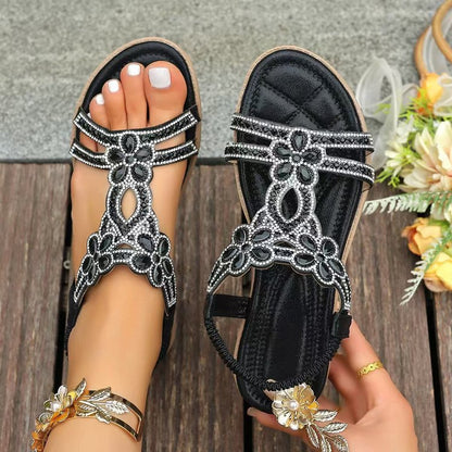 ✨Women's Rhinestone Flower Flat Sandals, Elastic Back Strap Bohemian Summer Sandals Multi-Color Sparkly Open-Toe Shoes