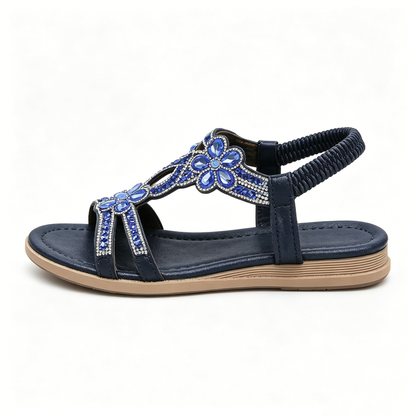 ✨Women's Rhinestone Flower Flat Sandals, Elastic Back Strap Bohemian Summer Sandals Multi-Color Sparkly Open-Toe Shoes