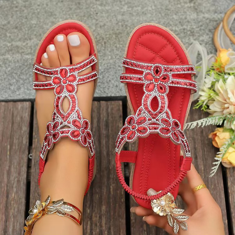 ✨Women's Rhinestone Flower Flat Sandals, Elastic Back Strap Bohemian Summer Sandals Multi-Color Sparkly Open-Toe Shoes