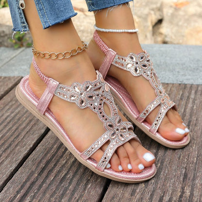 ✨Women's Rhinestone Flower Flat Sandals, Elastic Back Strap Bohemian Summer Sandals Multi-Color Sparkly Open-Toe Shoes